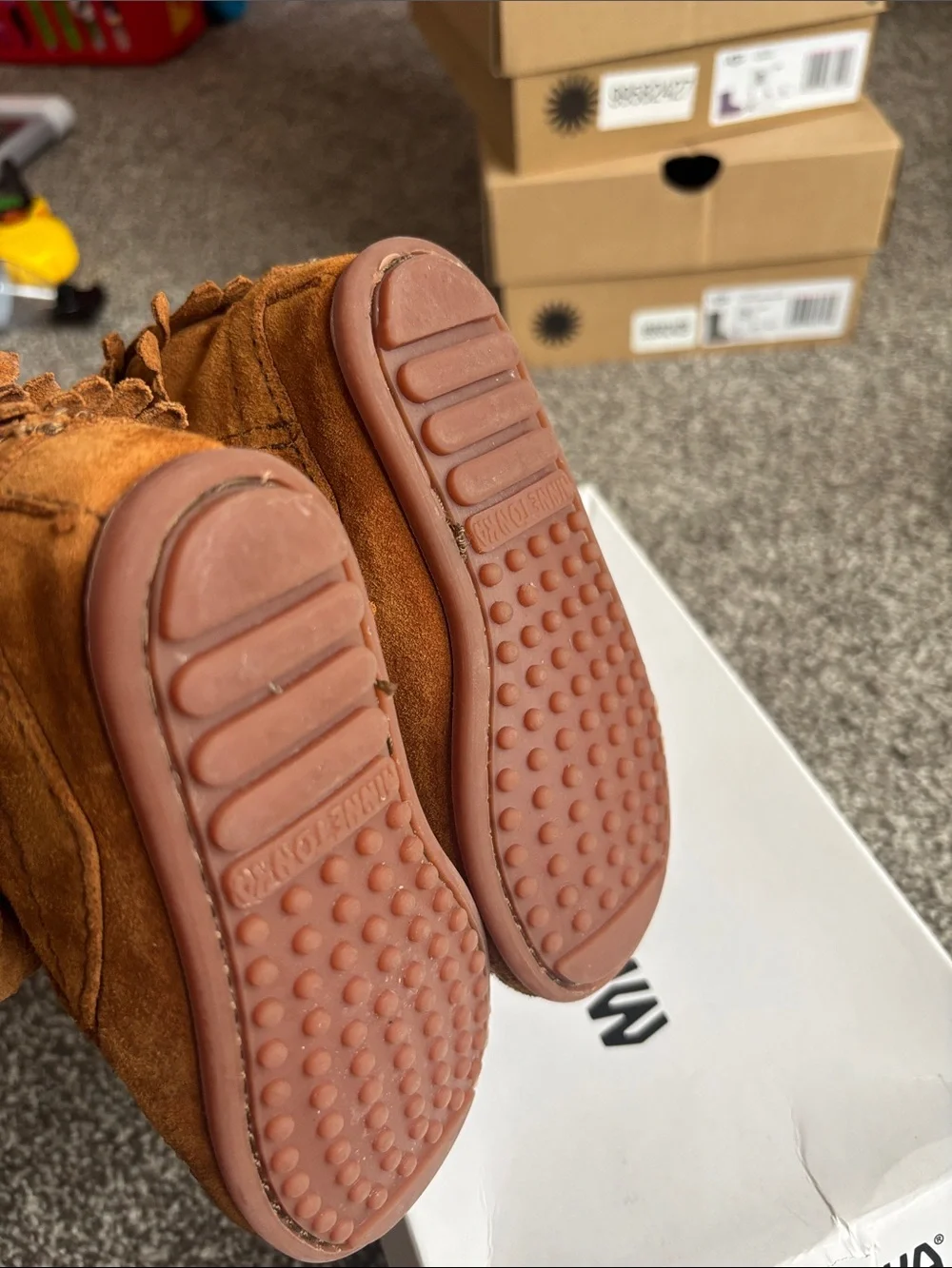 Kids Minnetonka Suede Fringe Booties - Tan